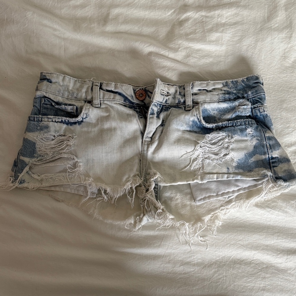Bershka Blue and White Distressed Jean Shorts